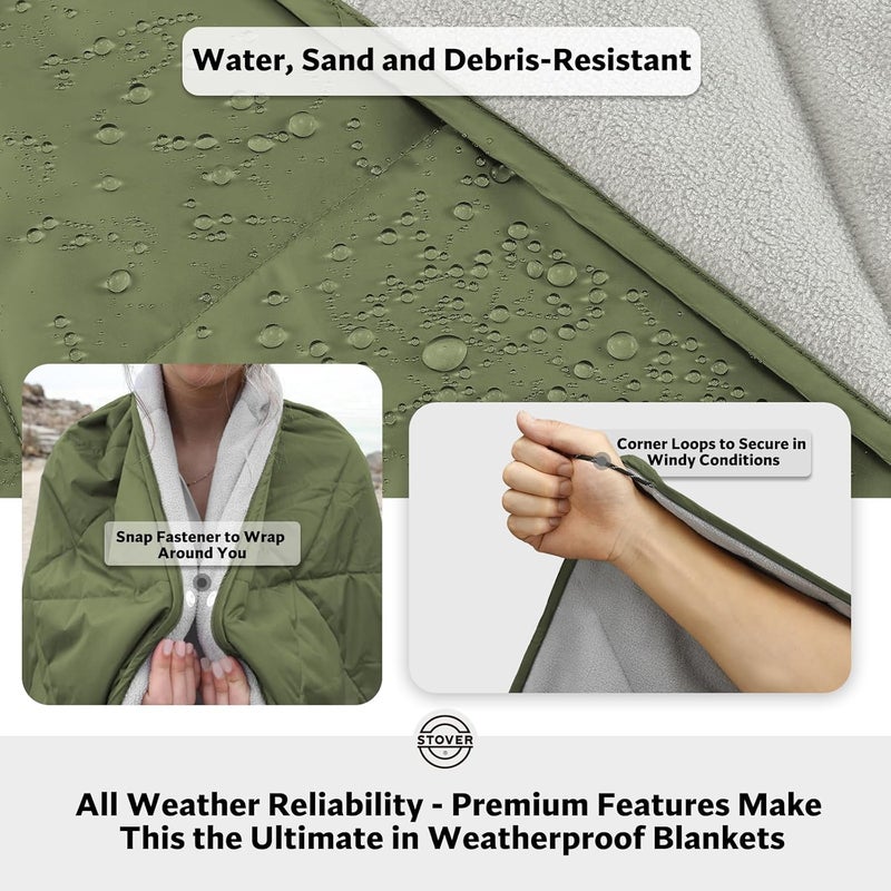 STOVER Outdoor Waterproof Fleece Travel Blanket for Camping, Picnics, Stadiums, Sports, The Beach– Warm, Windproof, Compact, Lightweight & Sand-Resistant (Olive Green) - Image 2